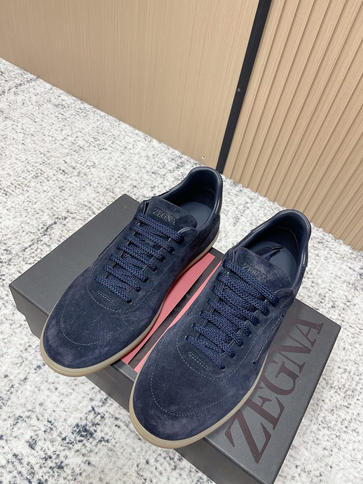 Zegna Triple Stitch Navy Suede