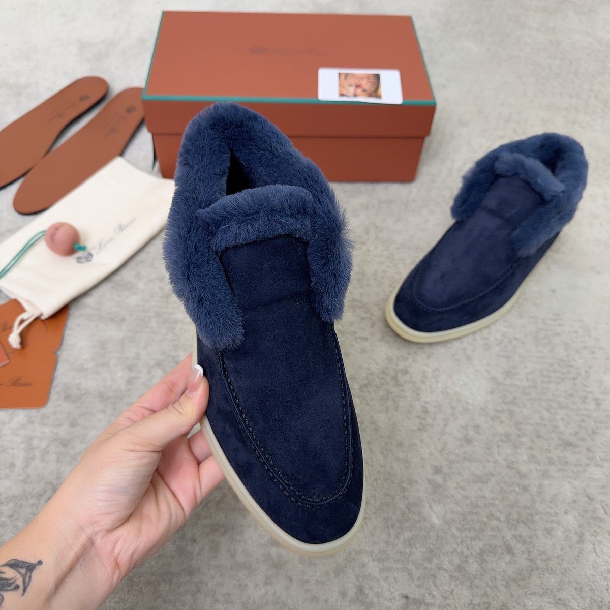 Navy Suede Fur-Trimmed Loafer Sneakers