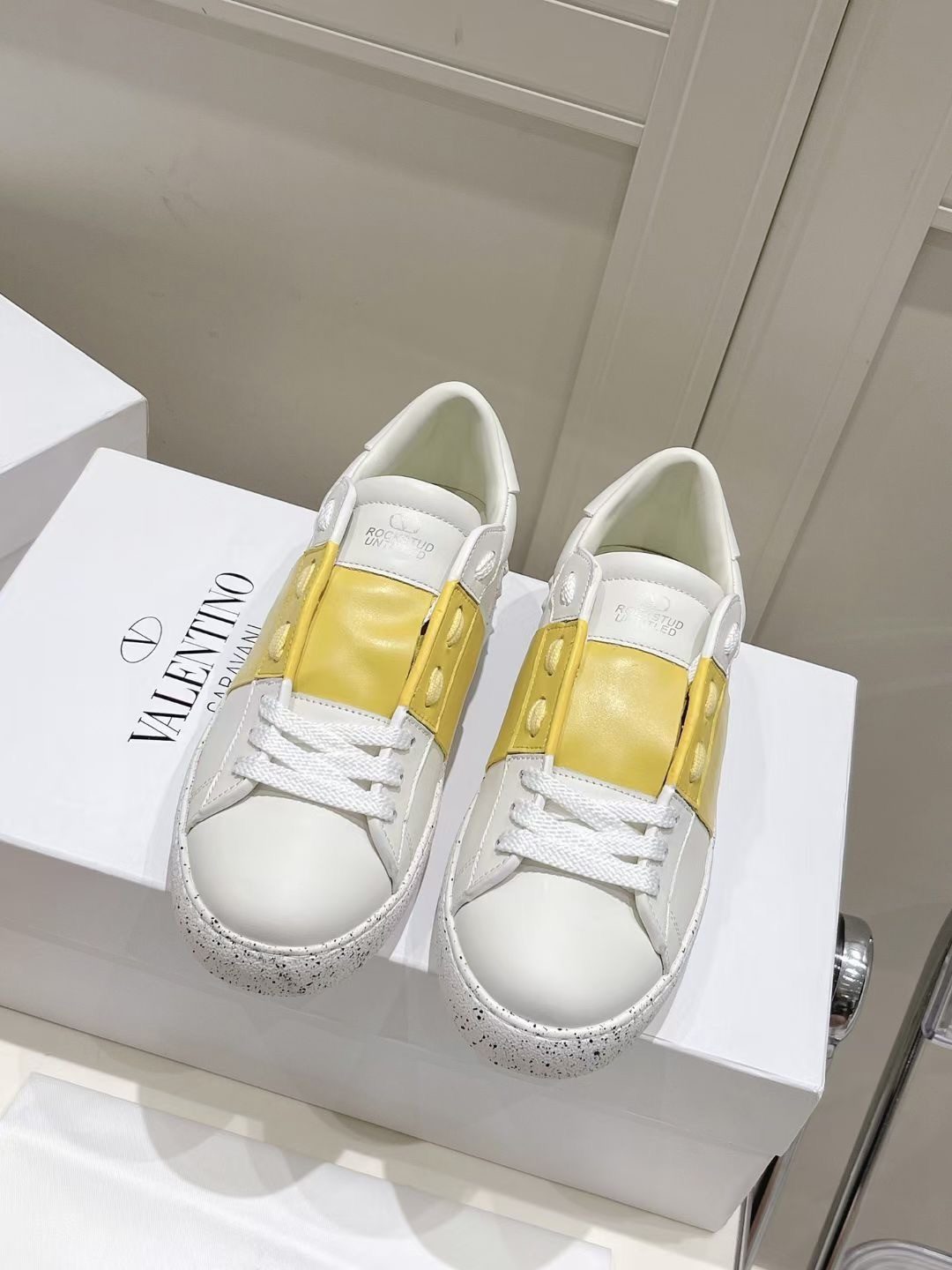 Valentino White Leather Yellow Panel Sneakers