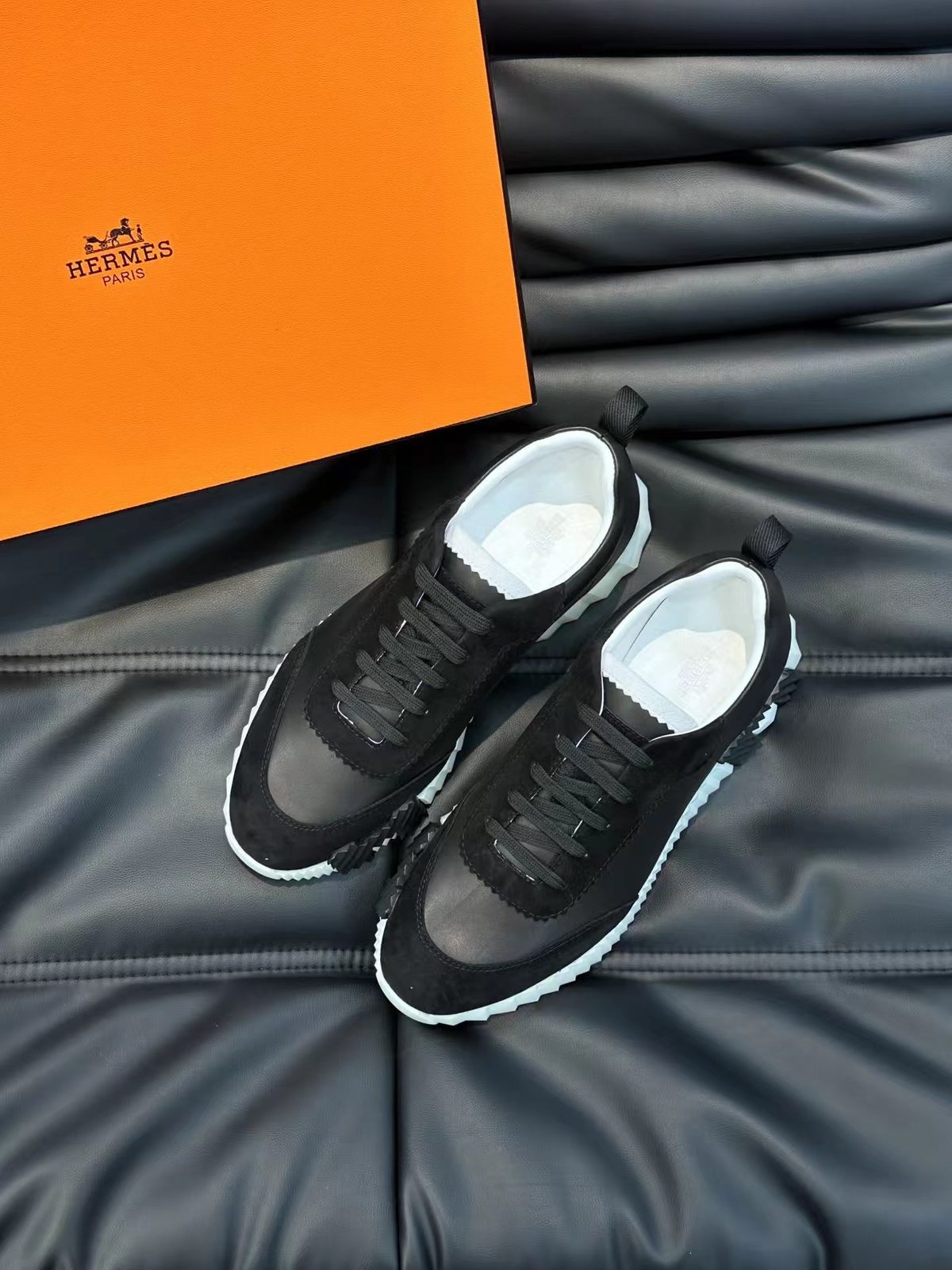 Hermès Paris Black and White Leather Sneaker