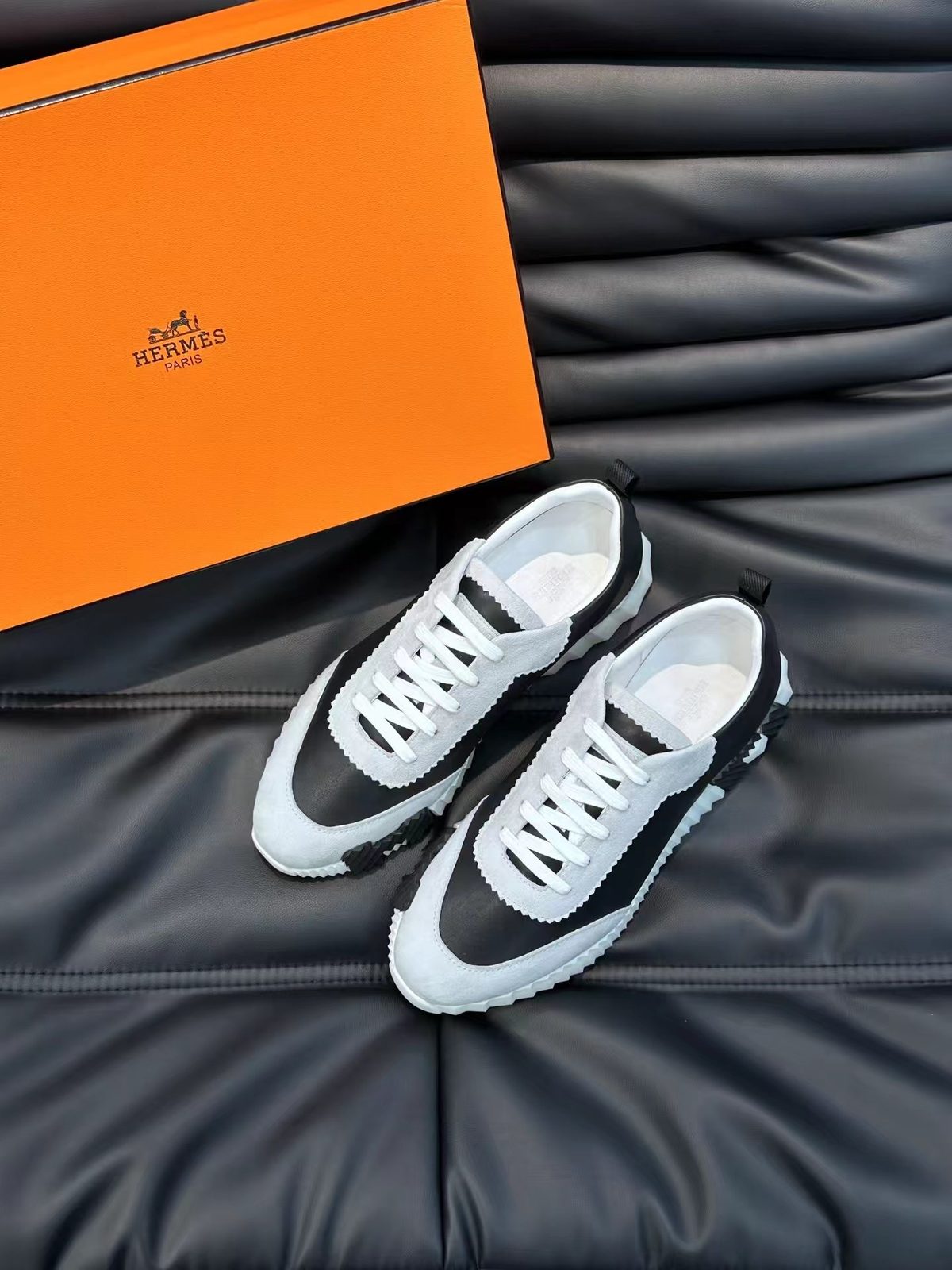Hermès Paris Black and White Leather Sneakers