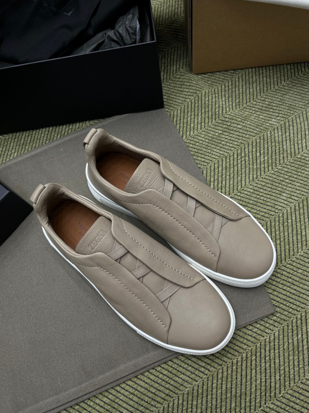 Zegna Leather Slip-On Sneakers Beige