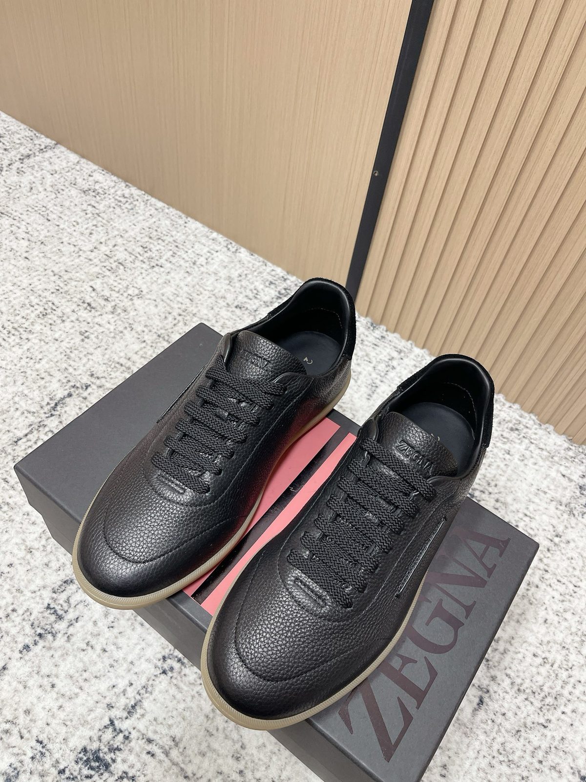 Zegna Black Pebbled Leather Low-Top Sneaker