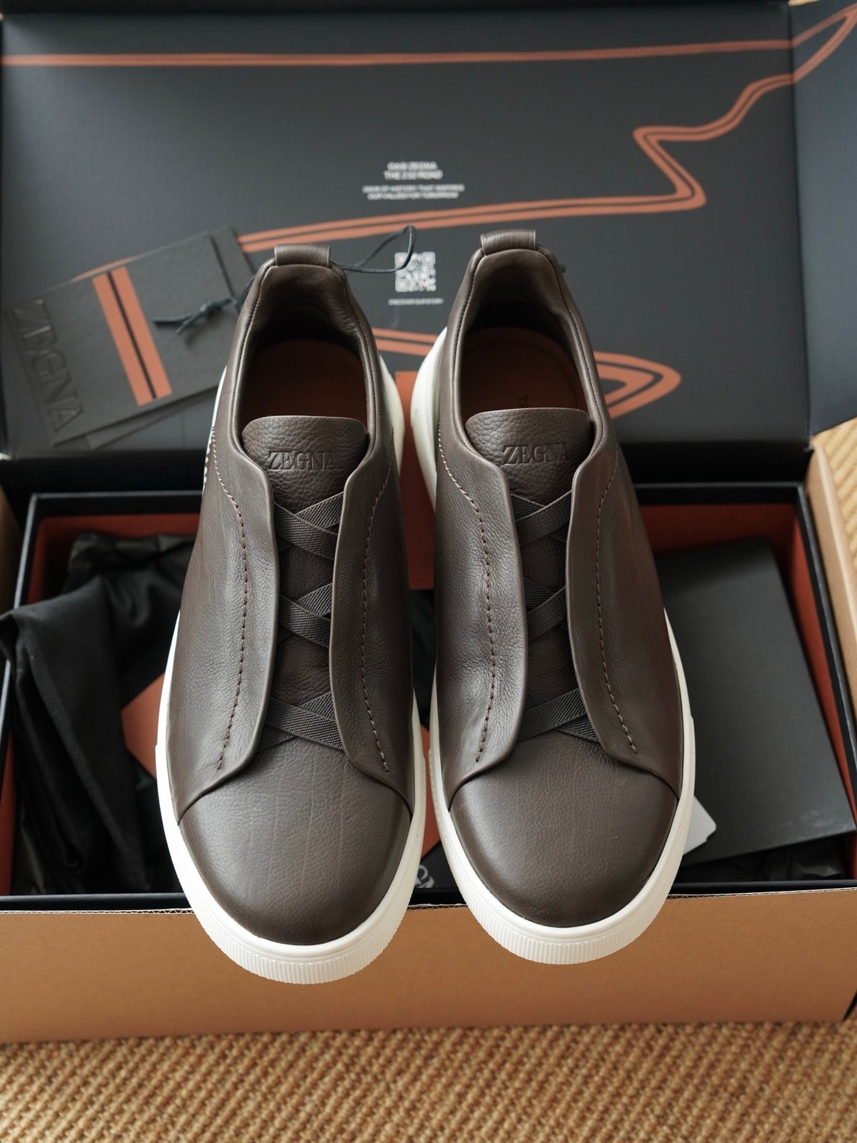 Zegna Triple Stitch Leather Slip-On Sneaker Grey