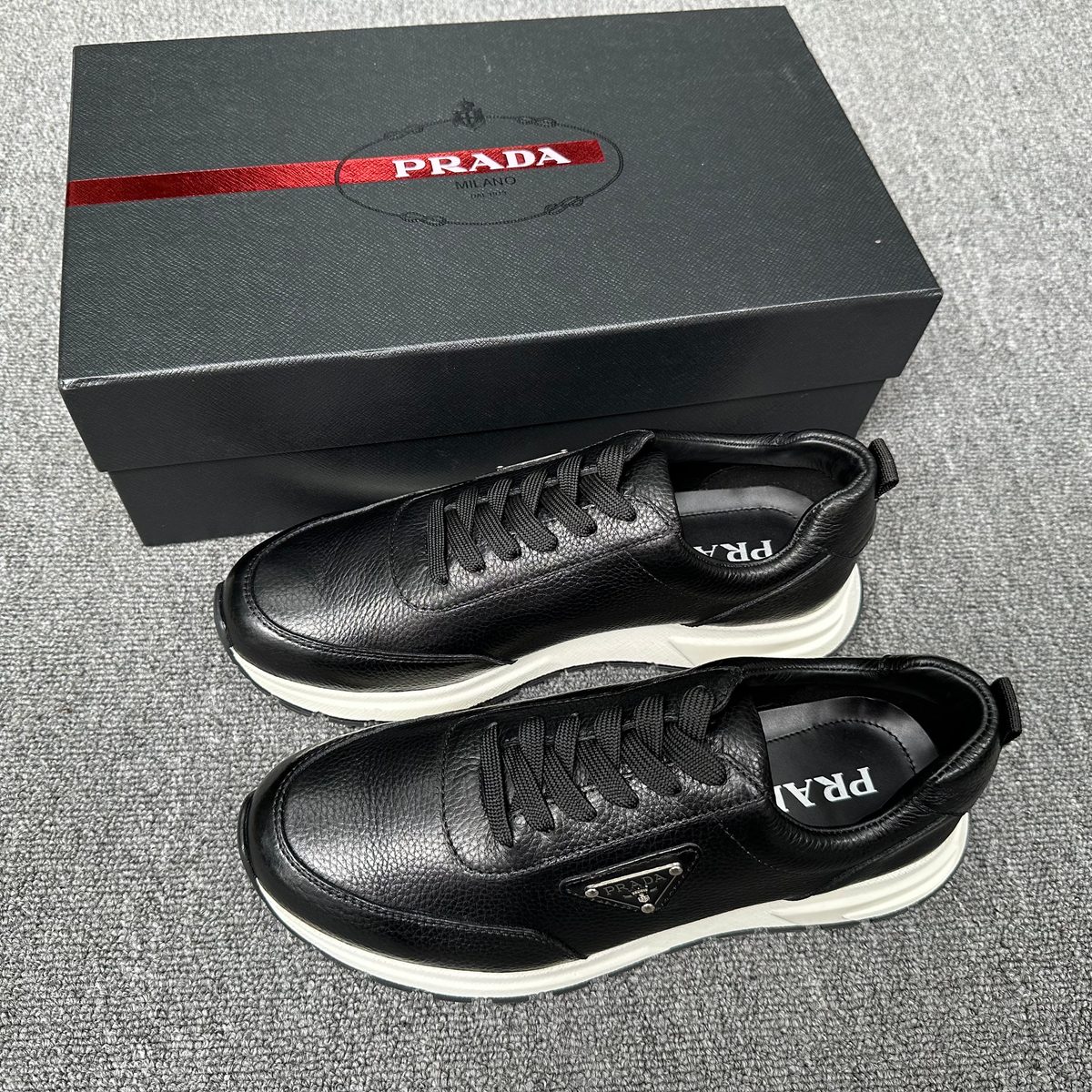 Prada Black Leather Lace-Up Sneaker White Sole