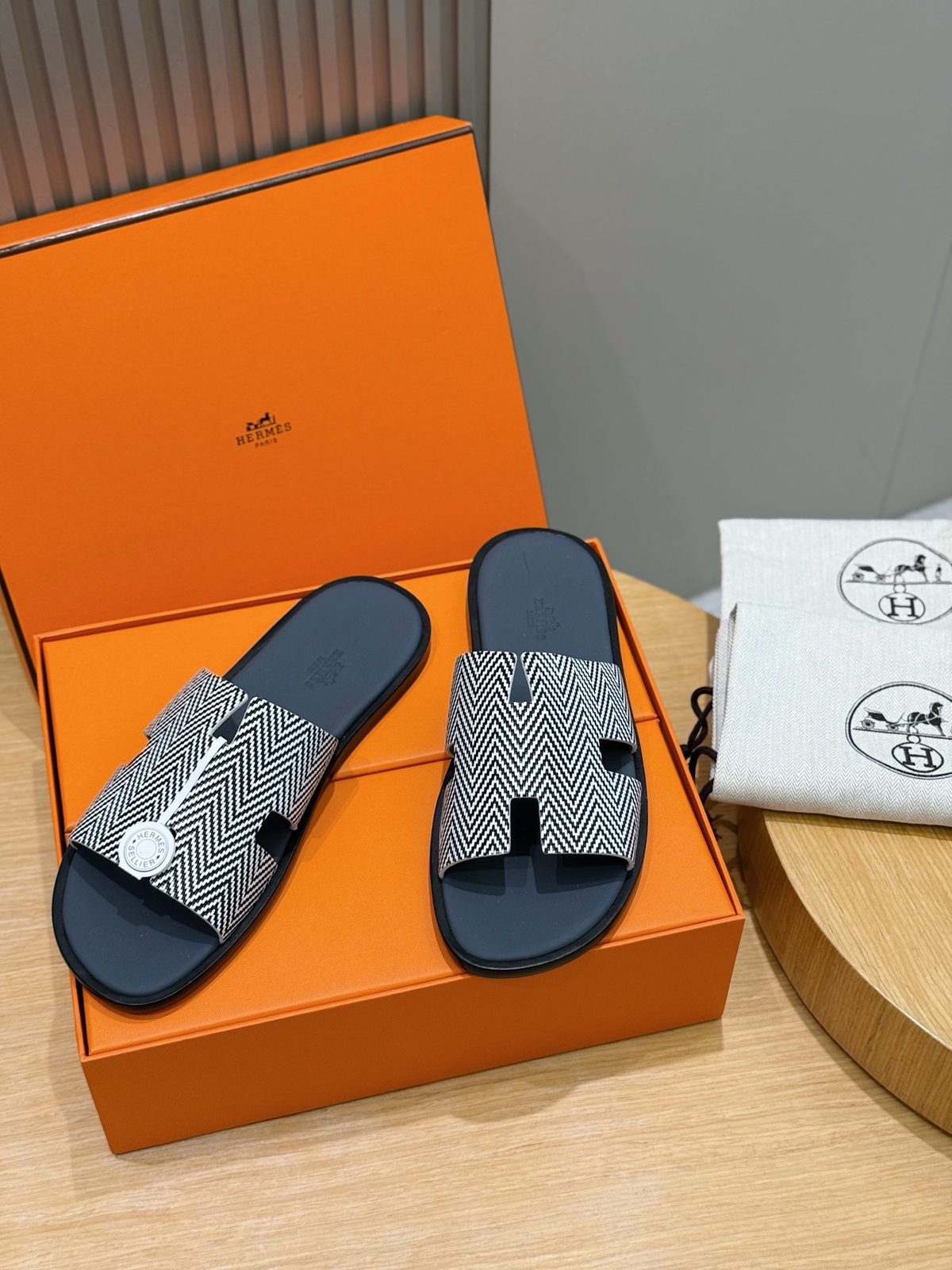 Hermès Chevron Canvas Slide Sandals