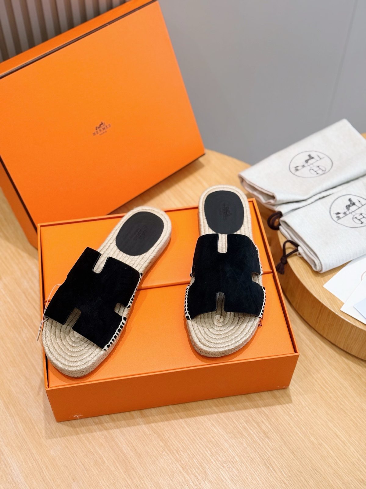 Hermès Black Velvet Espadrille Slides