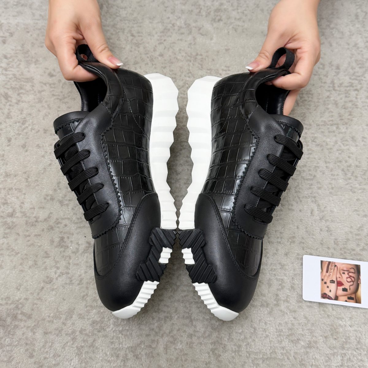 Black Crocodile Embossed Leather Sneakers