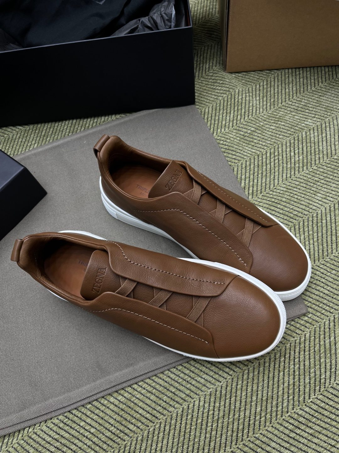 Zegna Leather Slip-On Sneakers Brown