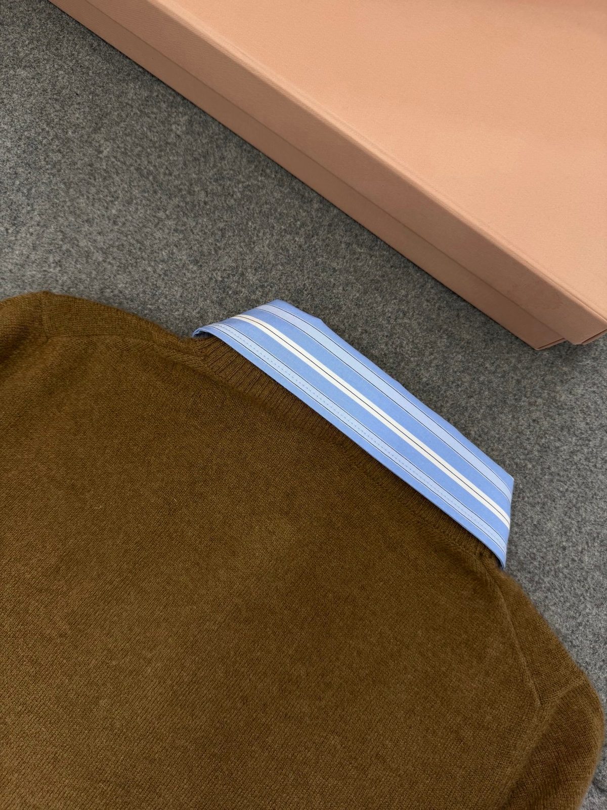 Brown Collared Cardigan Sweater with Blue Striped Collar