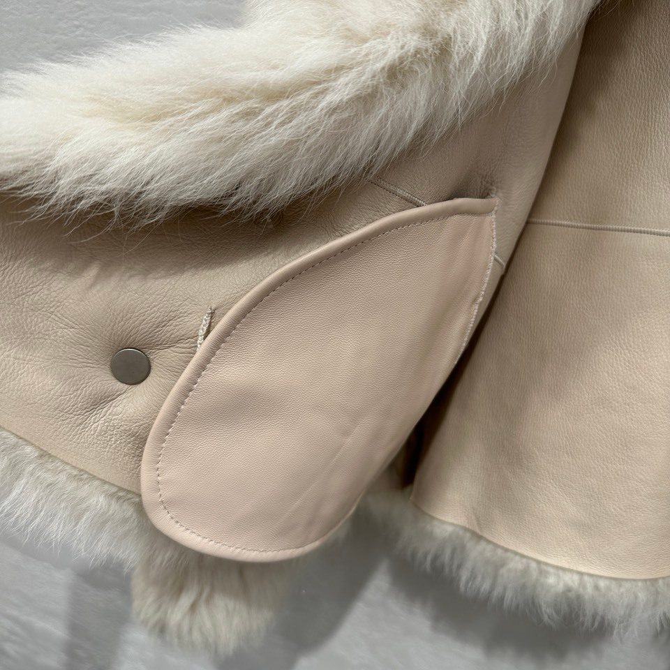 Cream Fur-Trimmed Leather Coat