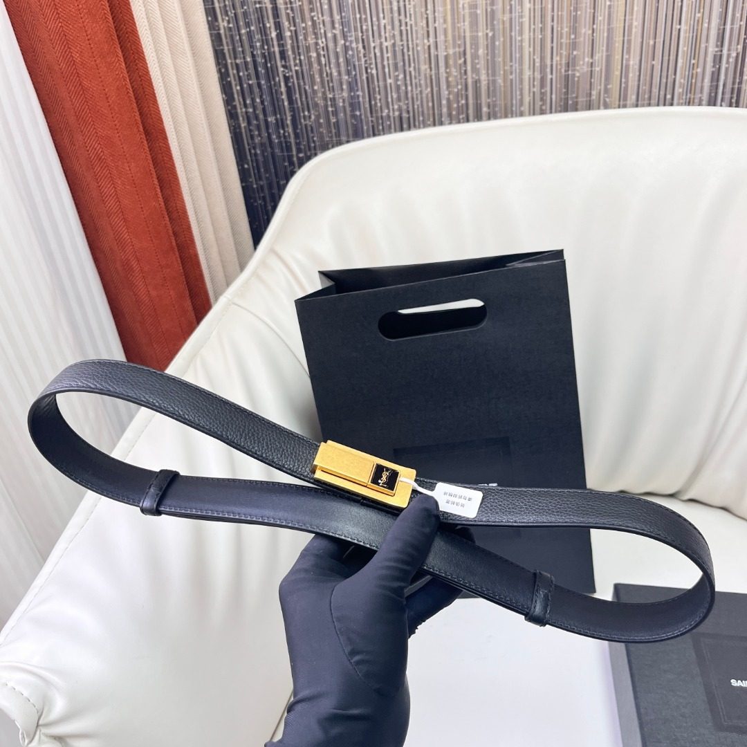 Saint Laurent Black Leather Belt with Gold Buckle