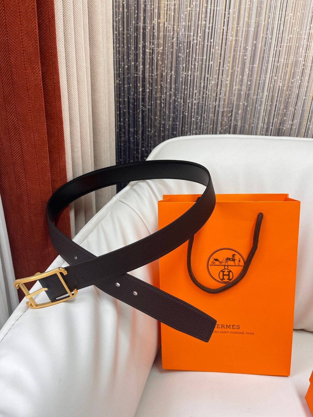 Hermès Reversible Leather Belt with Gold Buckle