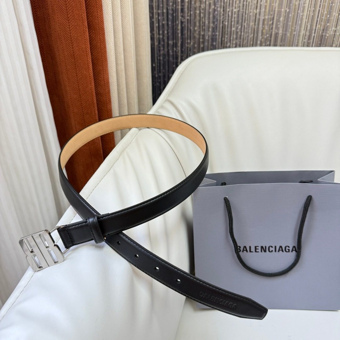 Balenciaga Black Leather Belt with Silver Buckle
