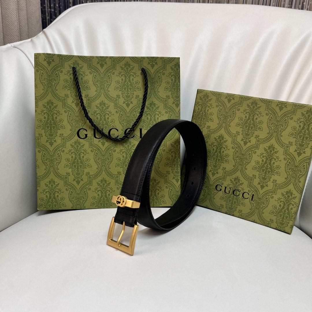 Gucci GG Gold Buckle Black Leather Belt