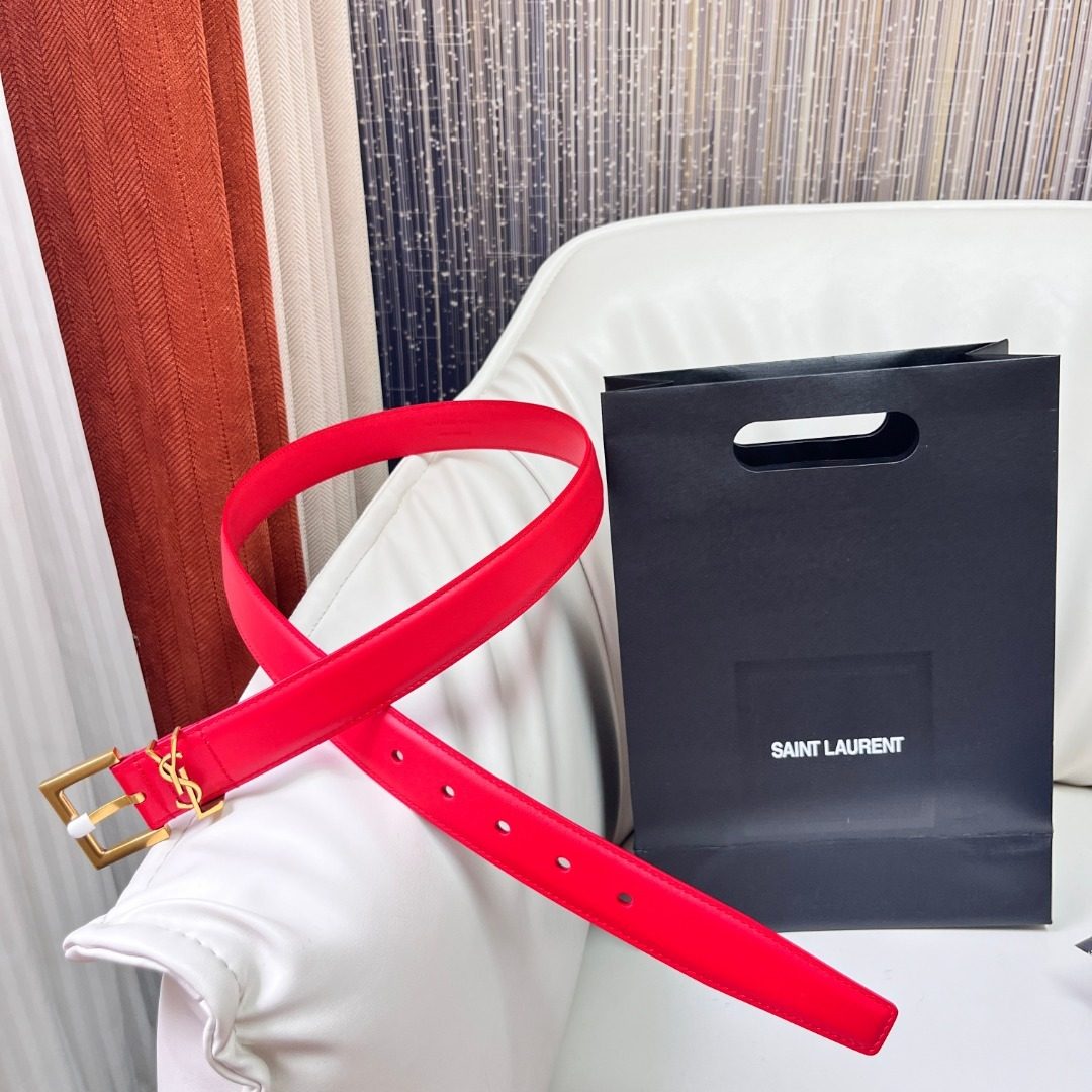 Saint Laurent Red Leather Belt with YSL Buckle