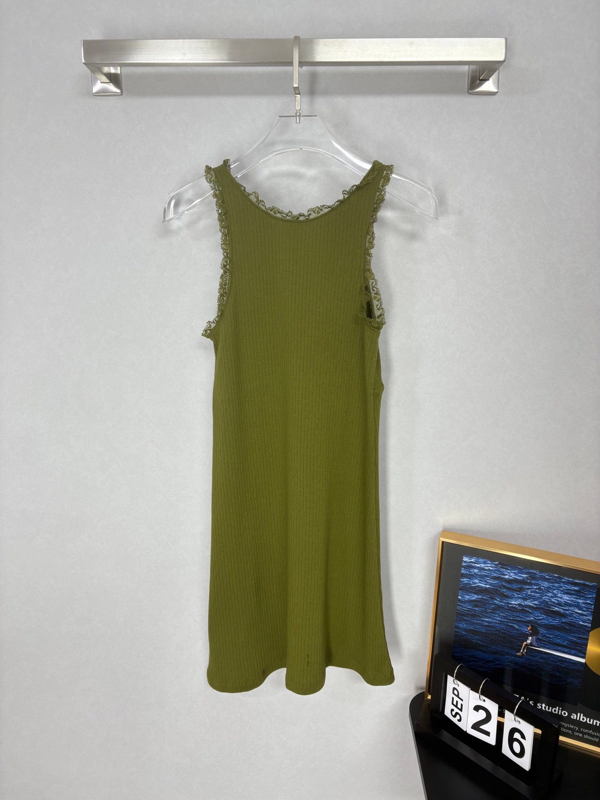 Ribbed Cotton Tank Top with Lace Trim