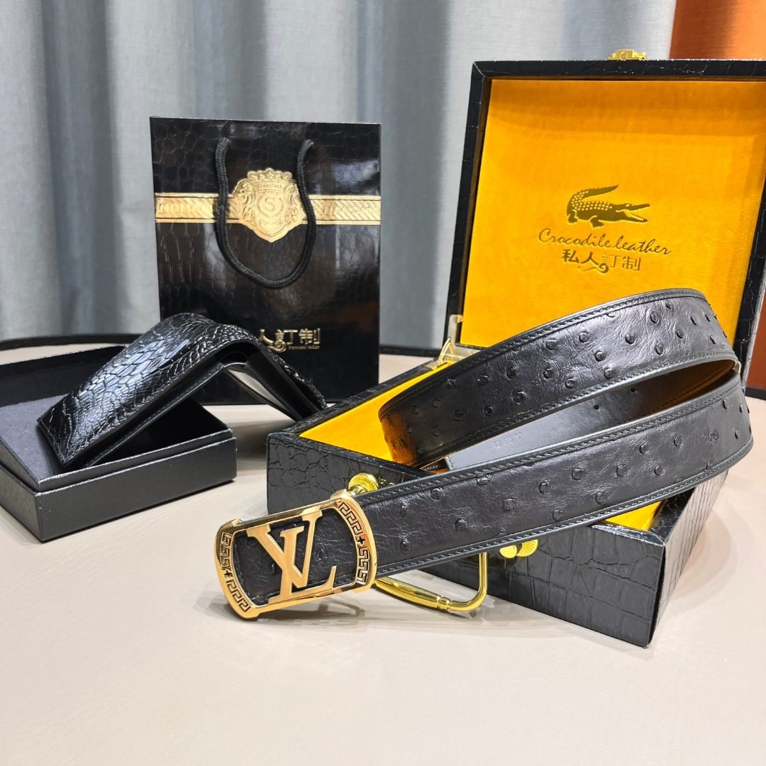 Louis Vuitton Crocodile Leather Belt with Gold Buckle