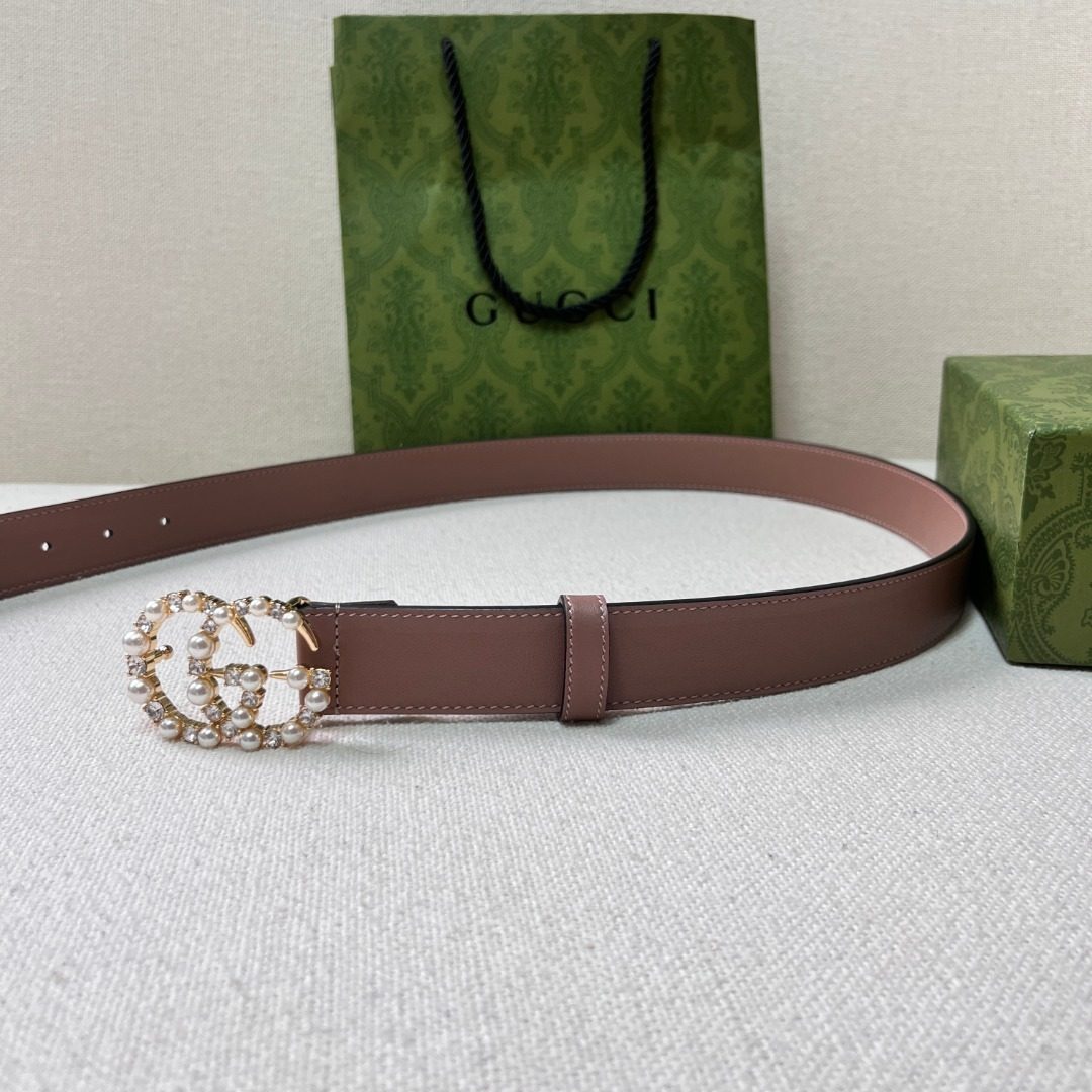 Gucci Pearl-Embellished Leather Belt