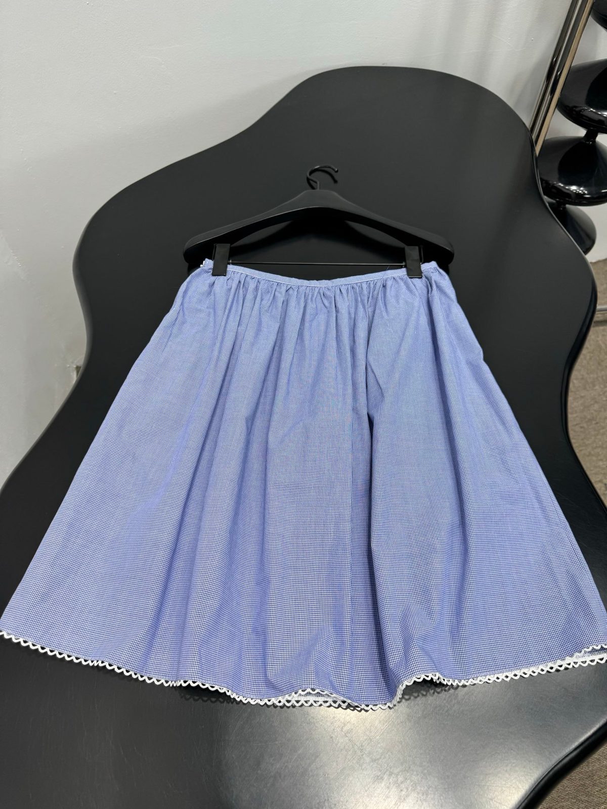 Light Blue Gingham Shorts with Lace Trim