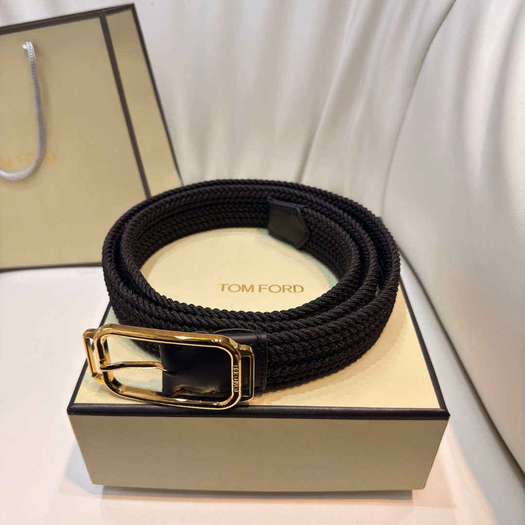 Tom Ford Black Woven Leather Belt Gold Buckle