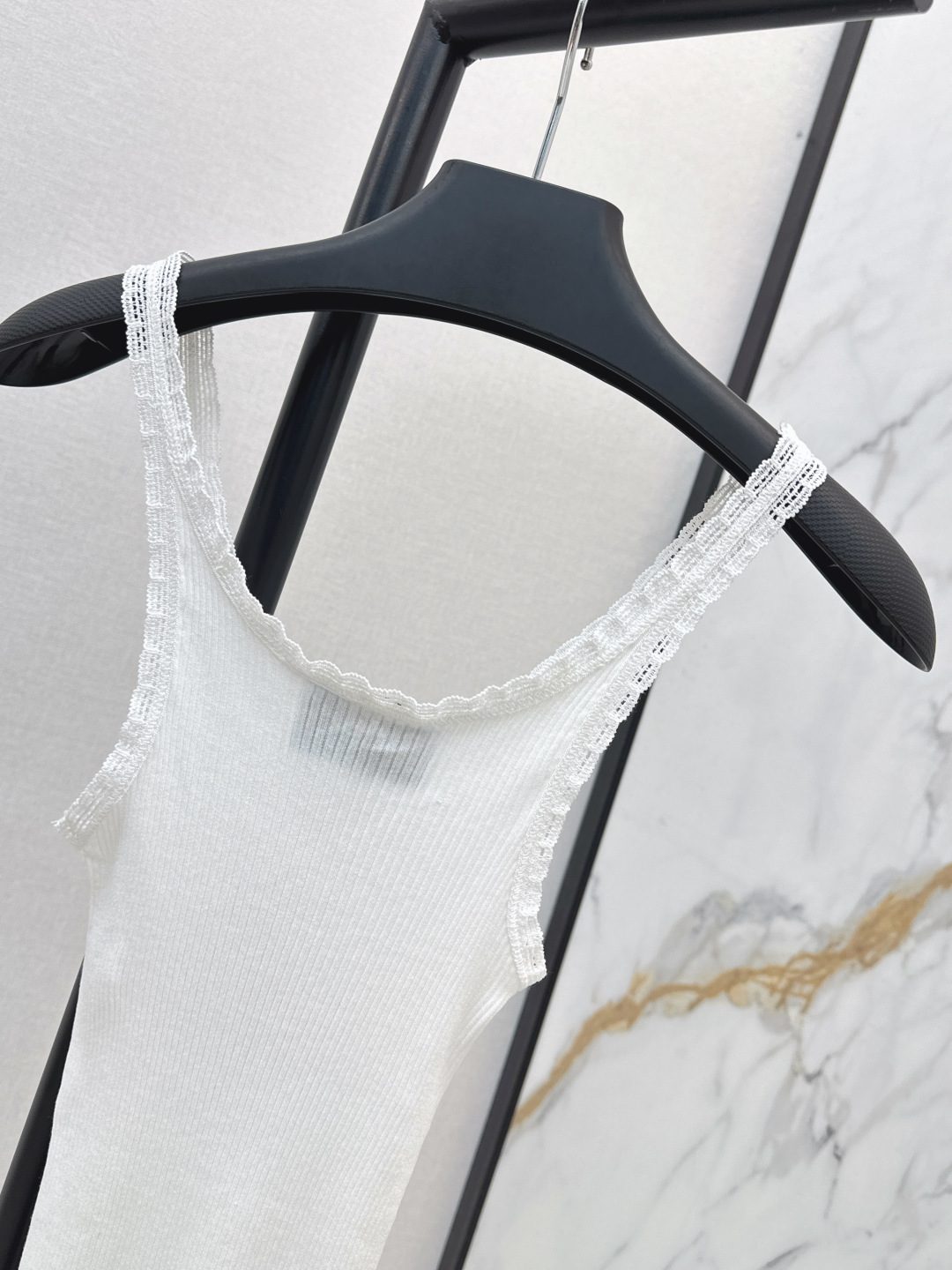 Ribbed Cotton Tank Top with Lace Trim