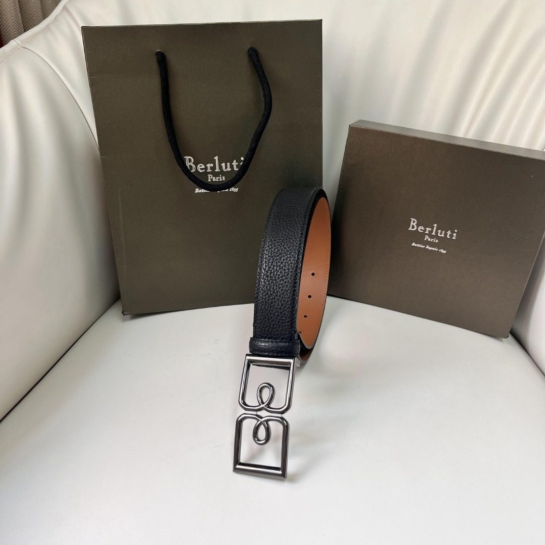 Berluti Textured Leather Belt with Metal Buckle