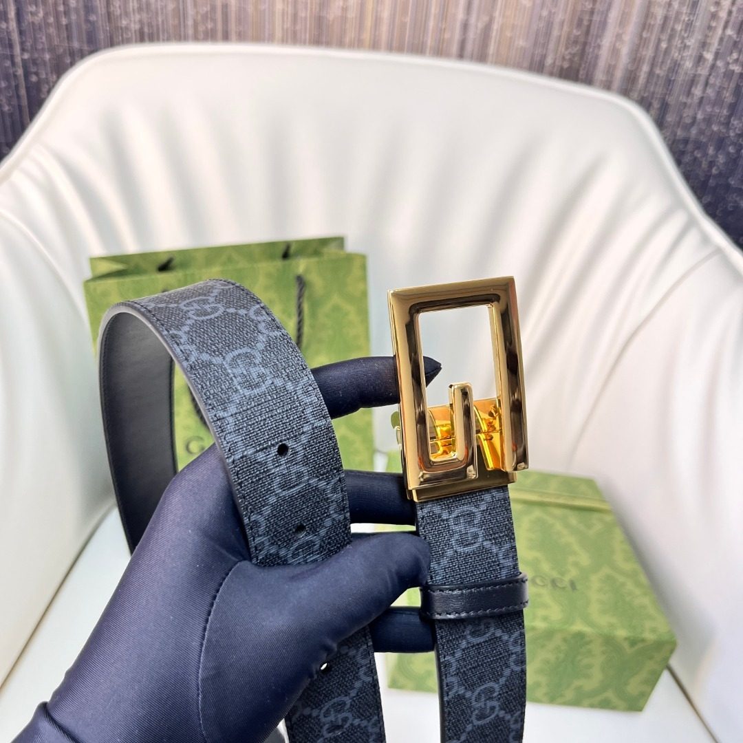 Gucci GG Canvas Leather Belt with Gold Buckle