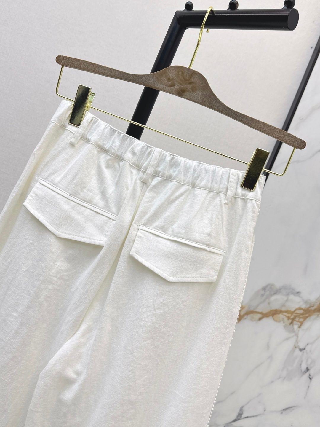 White Linen Wide-Leg Trousers with Patch Pockets