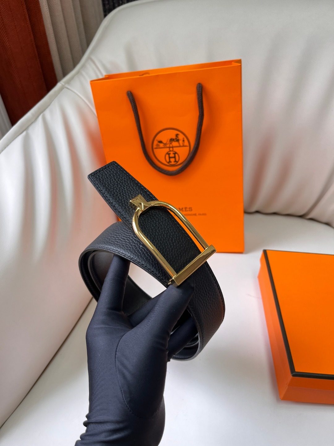 Hermès Reversible Leather Belt with Gold Buckle
