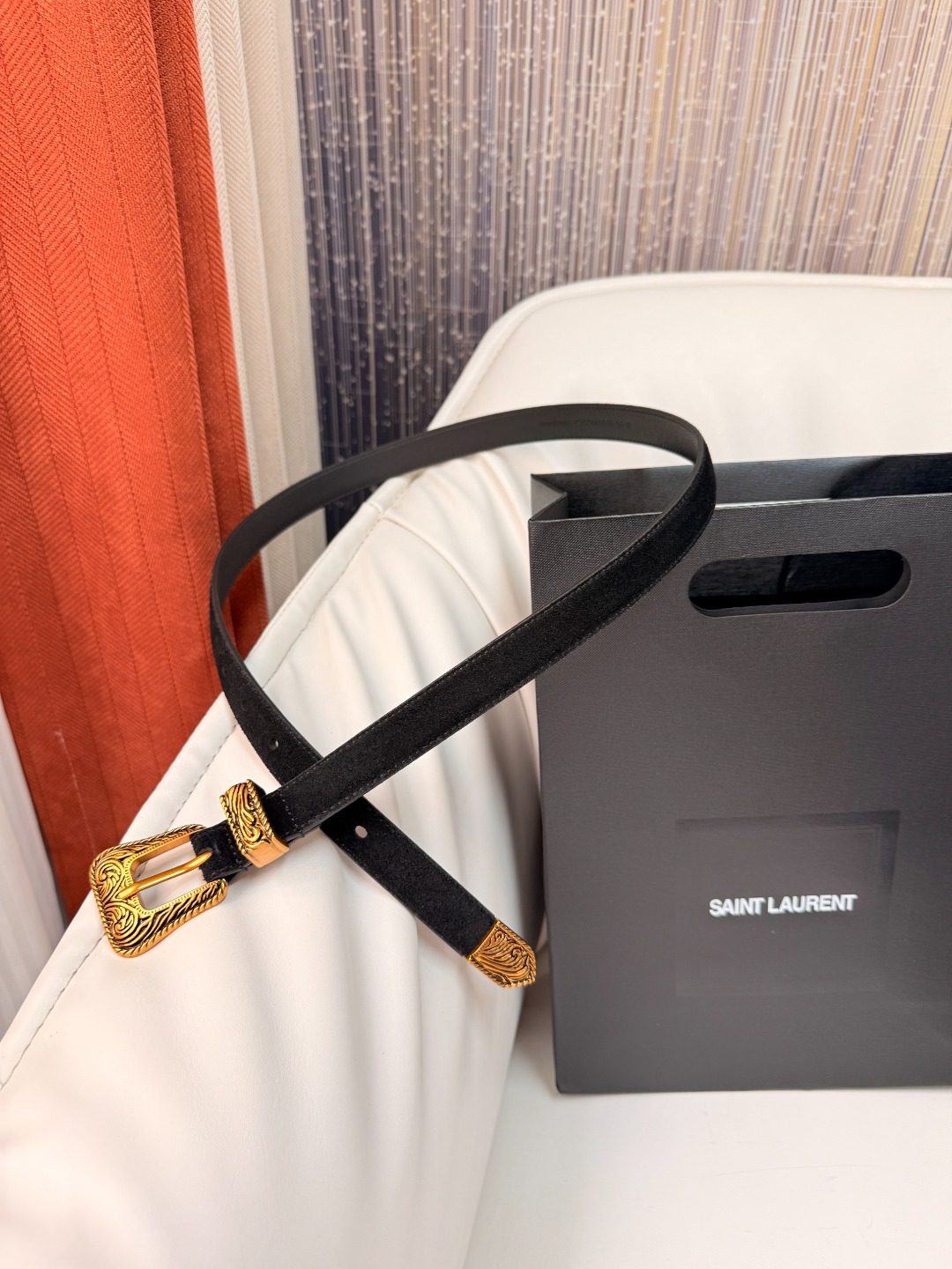 Saint Laurent Black Leather Belt with Gold Hardware