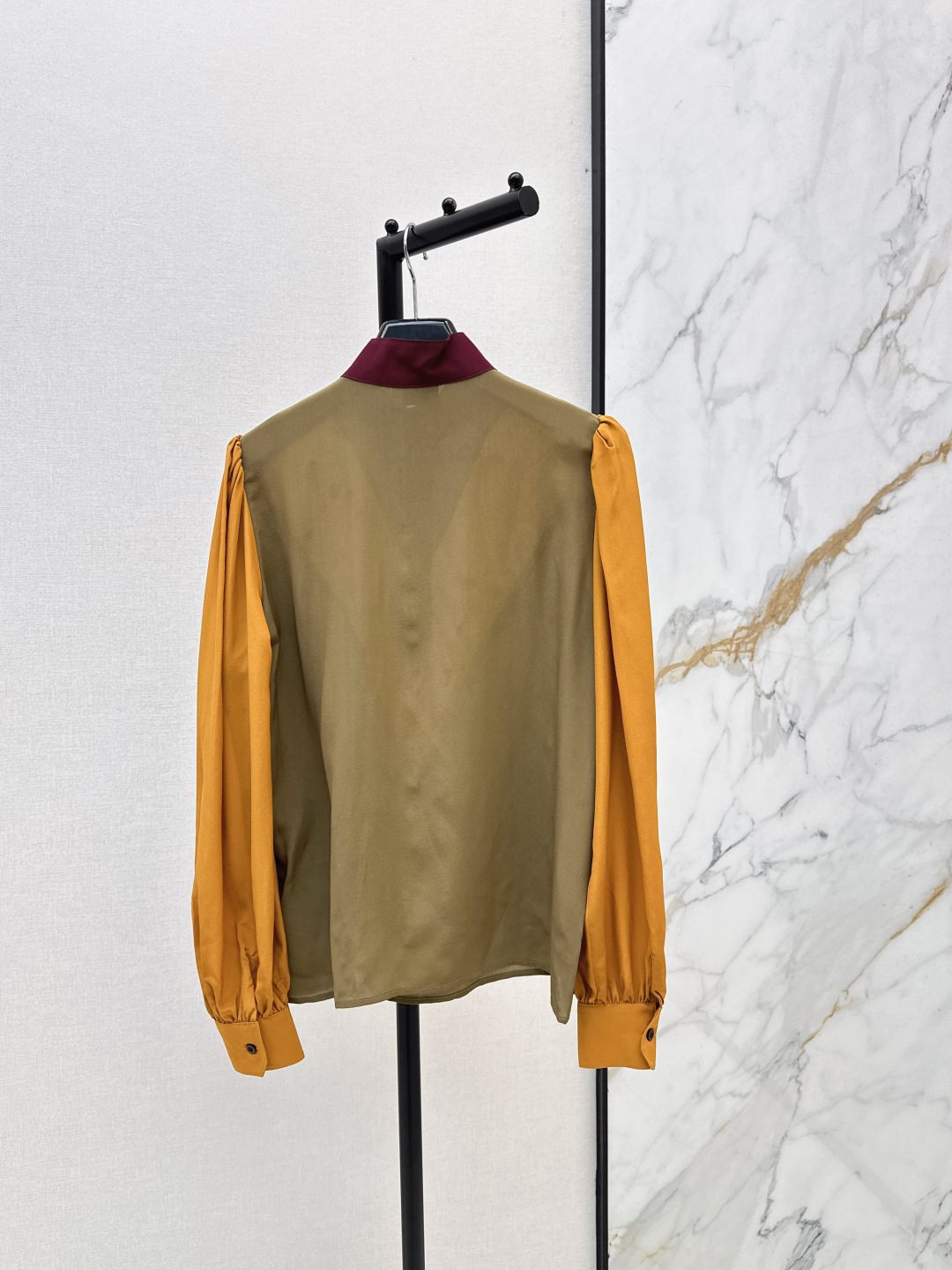 Colorblock Silk Blouse with Puff Sleeves