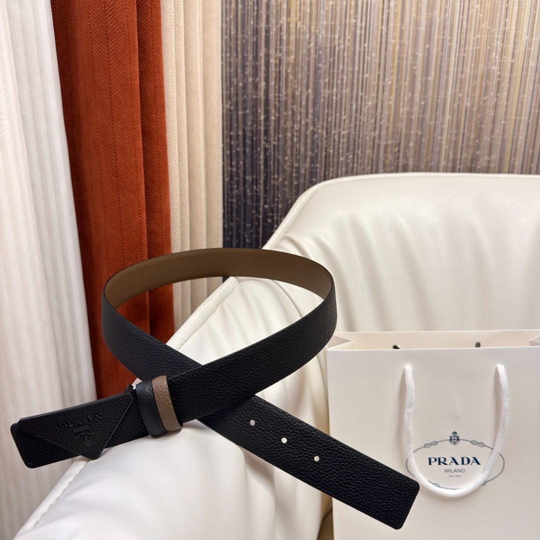 Prada Textured Leather Belt with Triangle Buckle