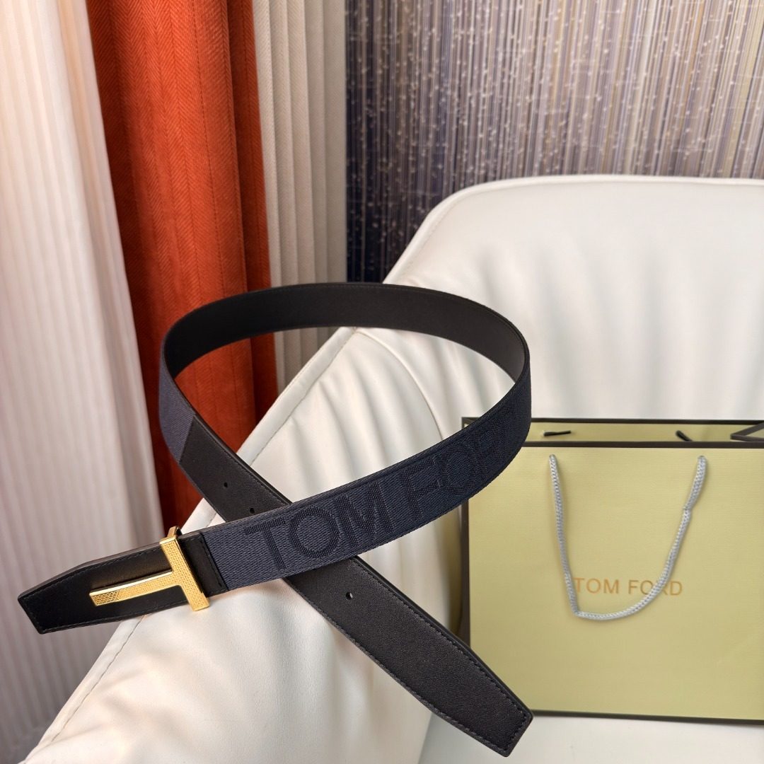 Tom Ford Gold T-Buckle Black Leather Belt