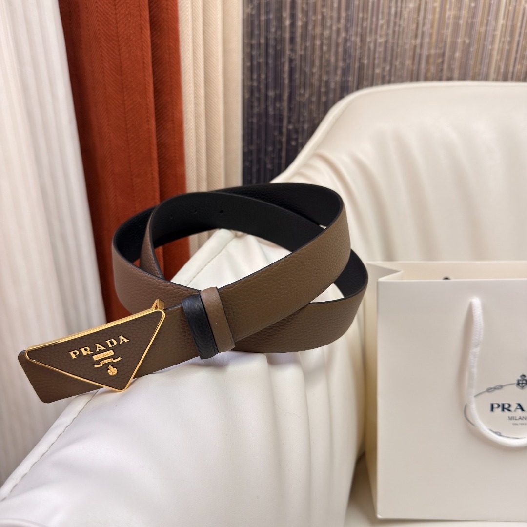 Prada Reversible Leather Belt with Triangle Buckle
