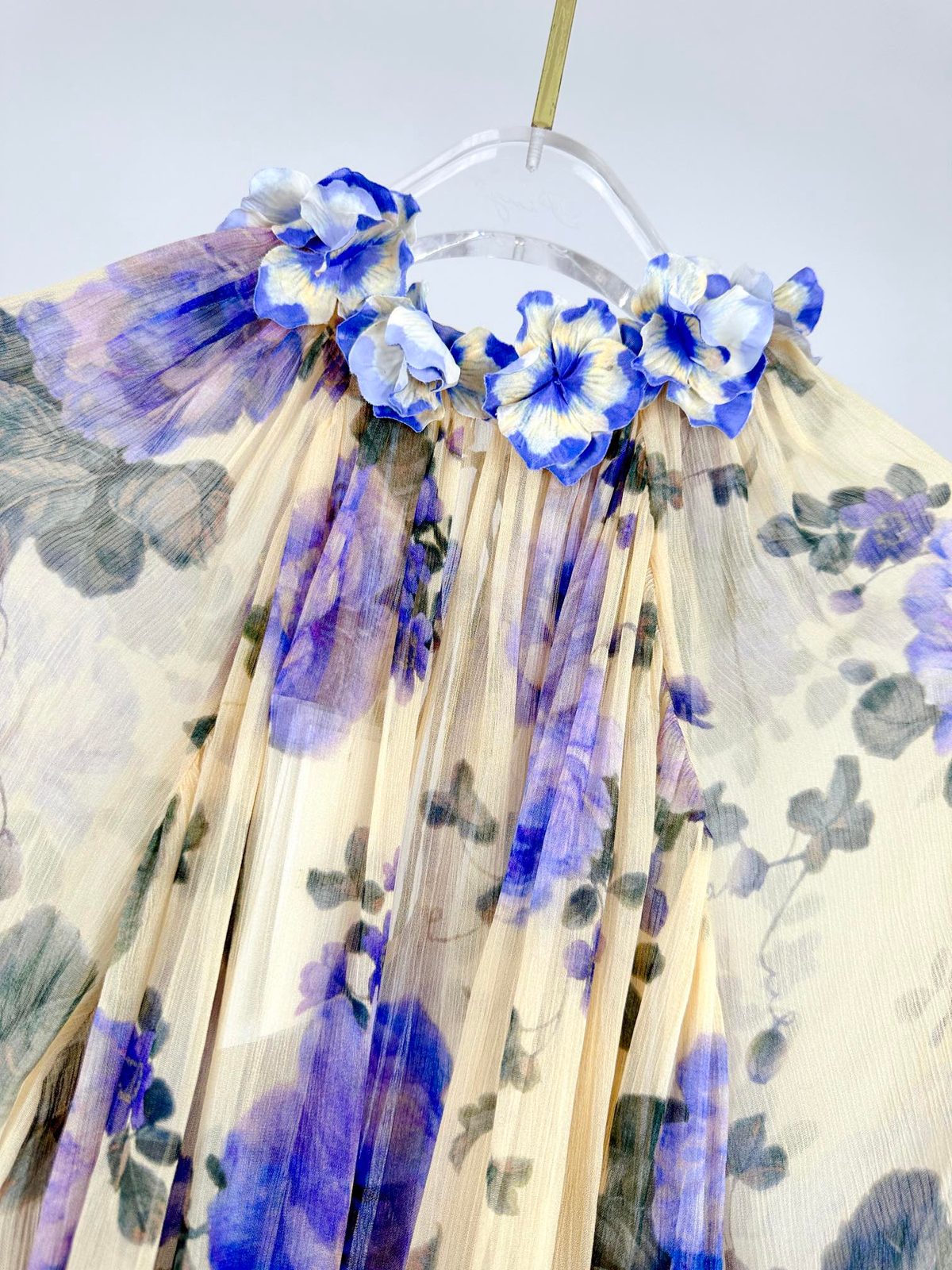 Floral Print Silk Scarf with Blue Pansies