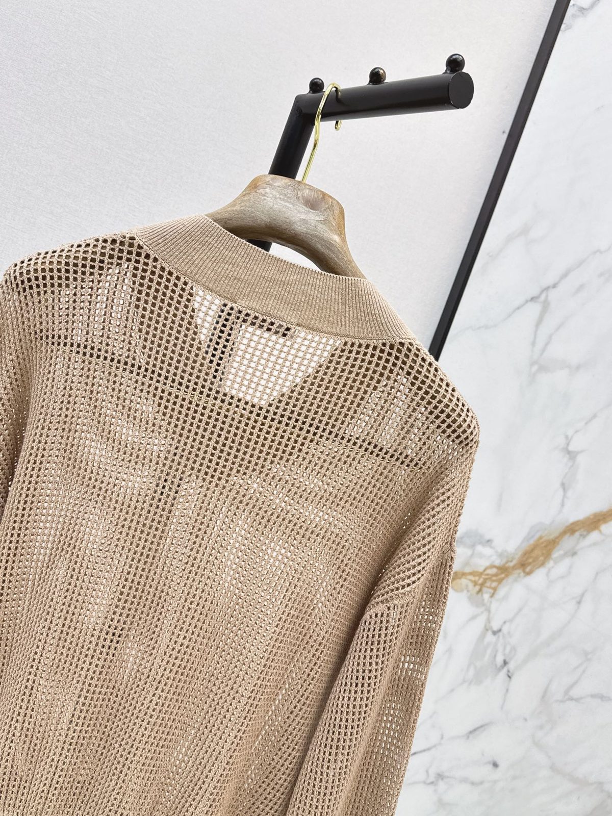Beige Open-Knit Crewneck Sweater