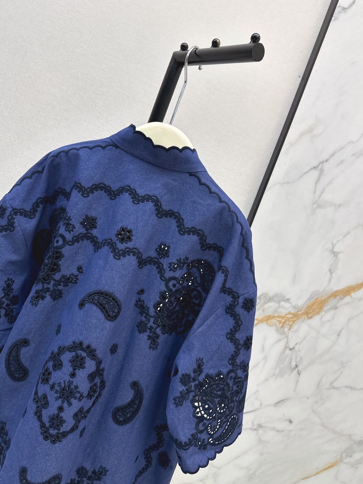 Blue Embroidered Paisley Short-Sleeve Shirt