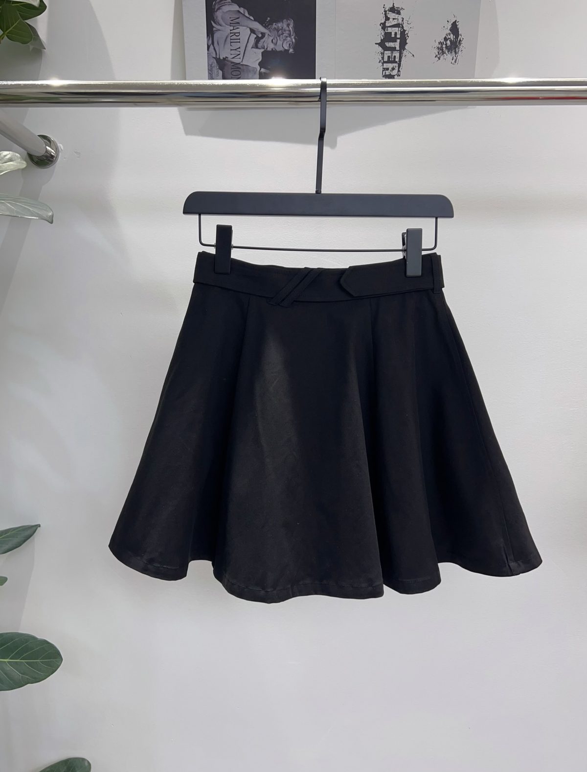Black Wool Pleated Mini Skirt with Belt