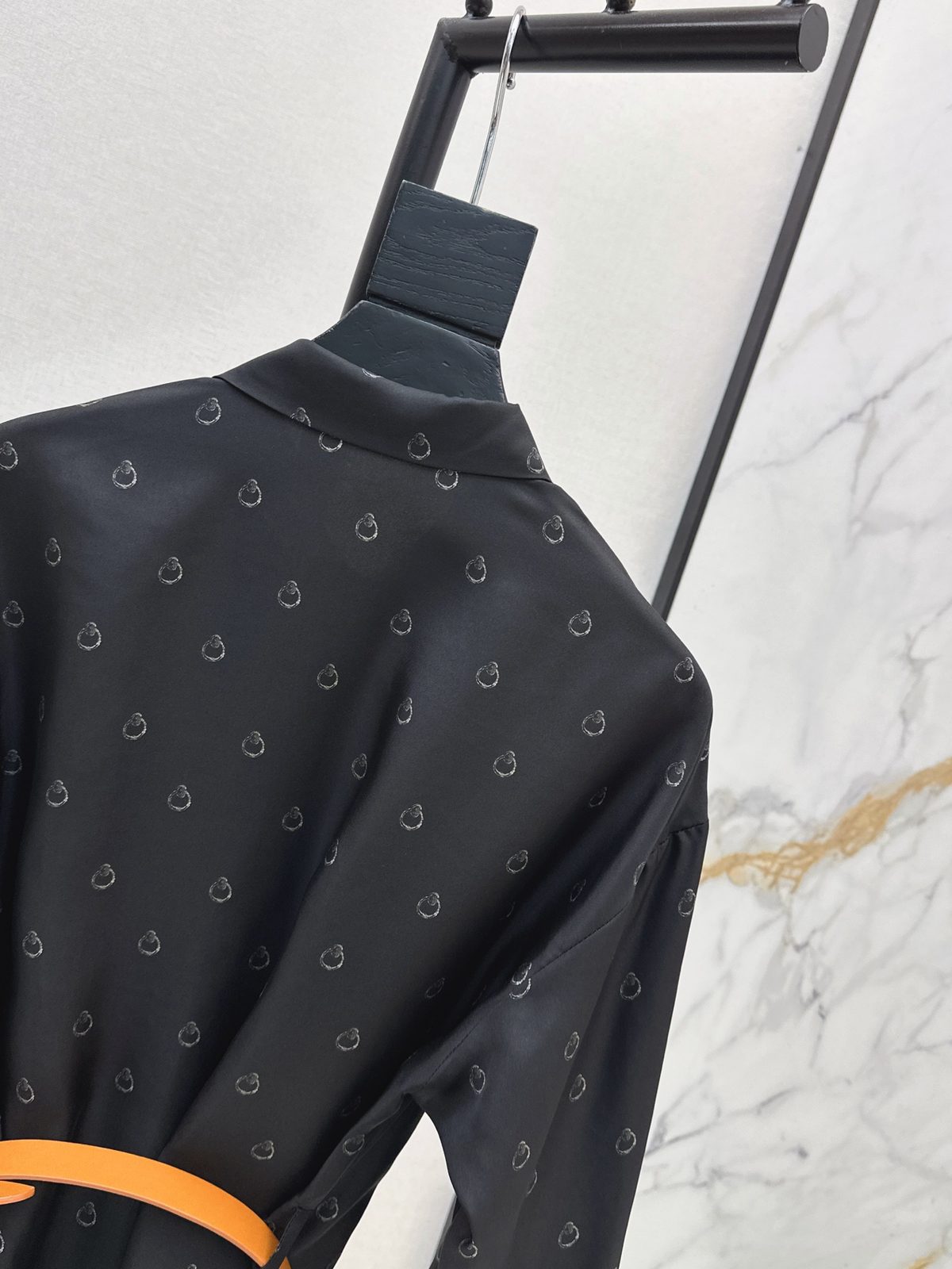 Black Monogram Print Shirt Dress with Belt