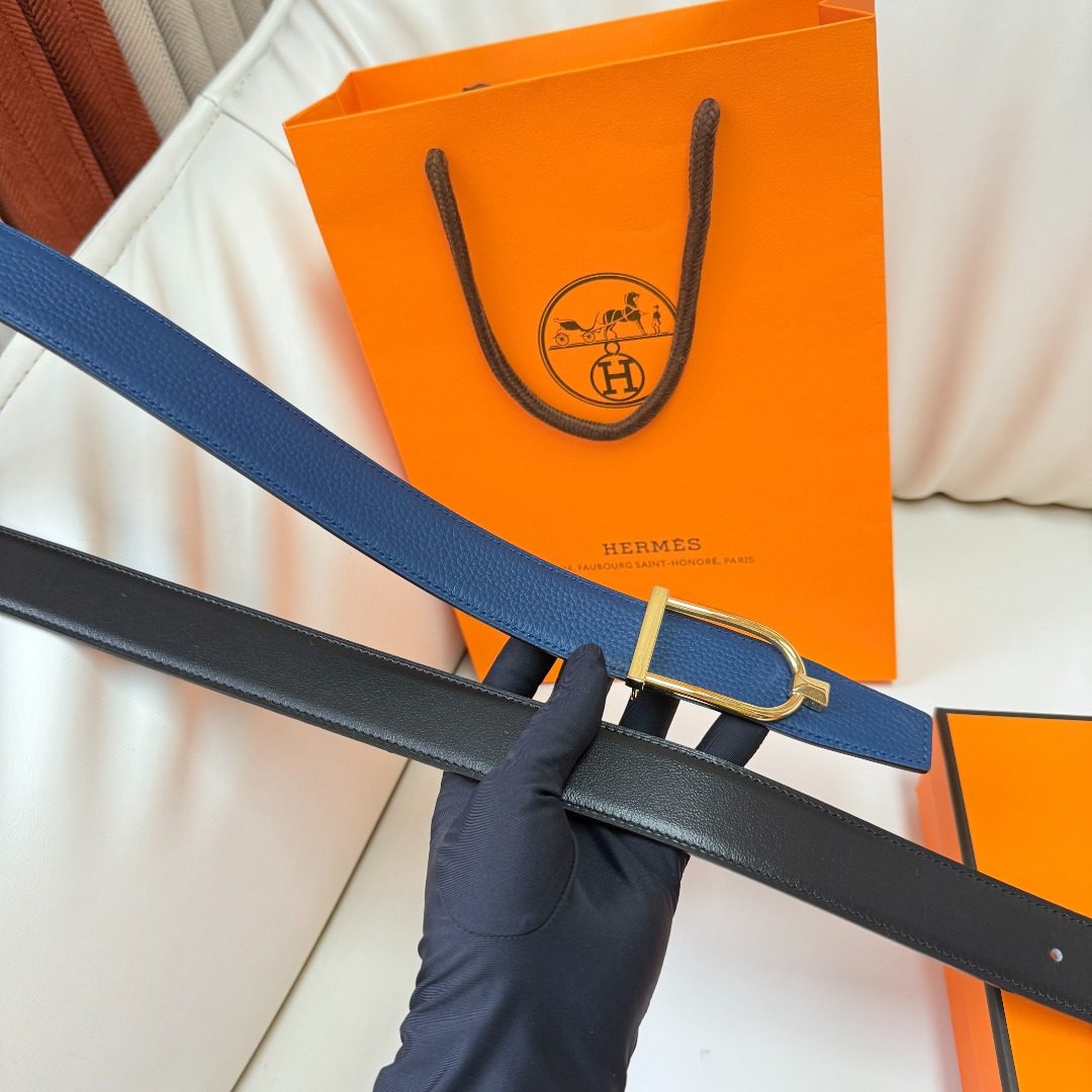 Hermès Reversible Leather Belt with Gold Buckle