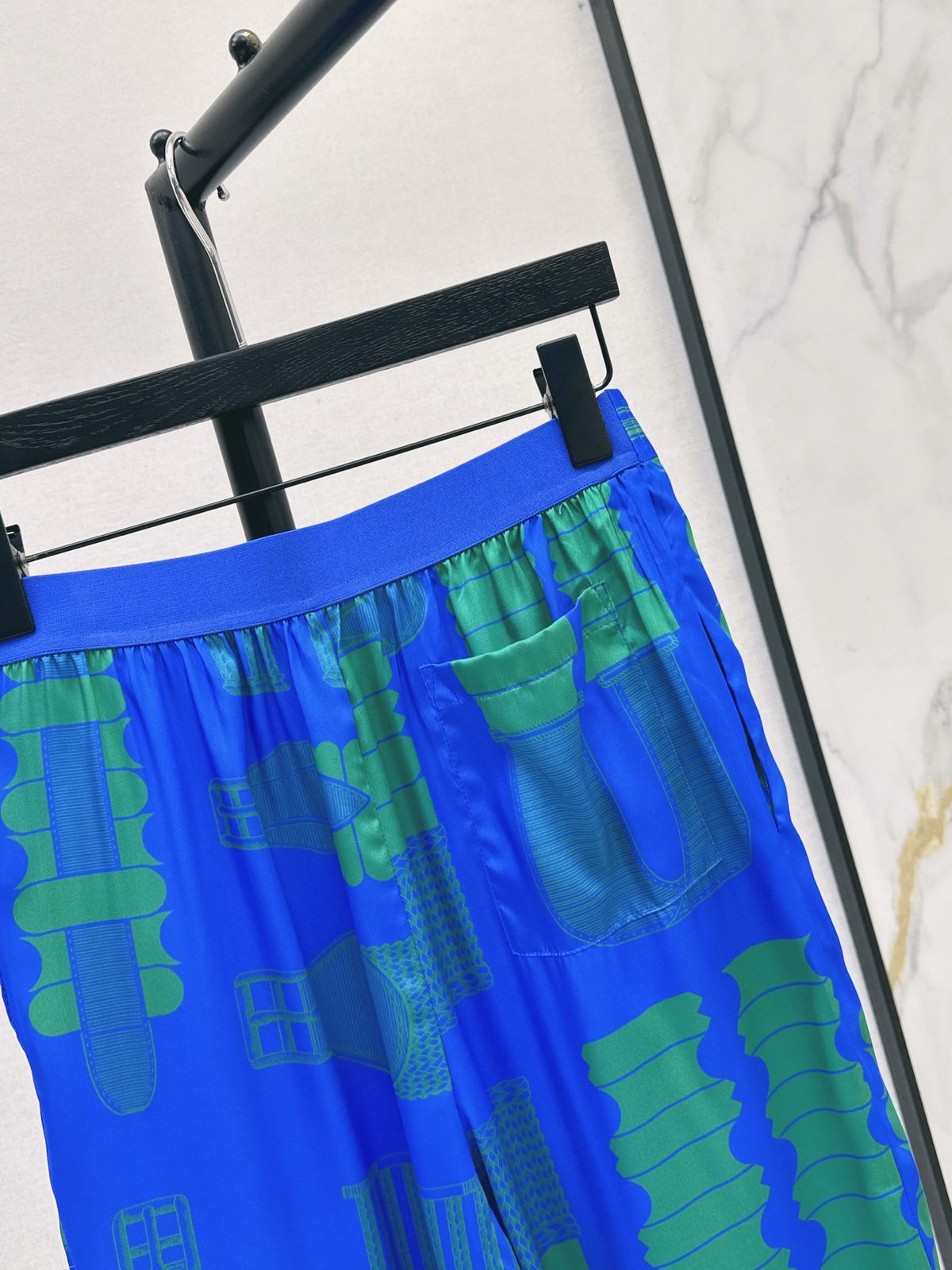 Blue Green Geometric Print Drawstring Pants