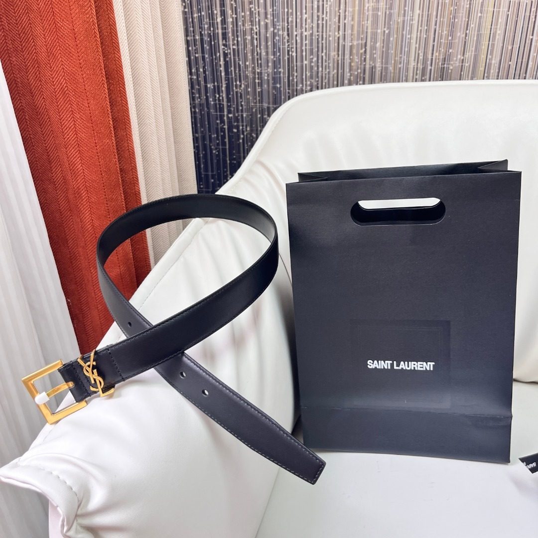 Saint Laurent YSL Leather Belt with Gold Buckle