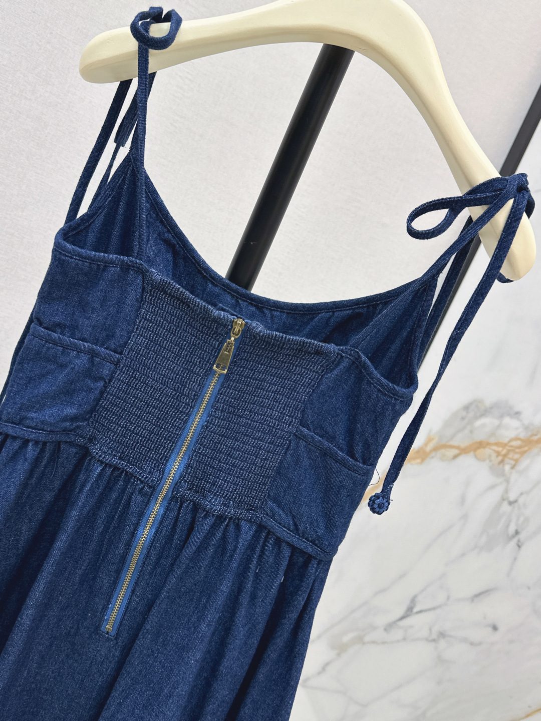 Dark Blue Denim Smocked Midi Dress
