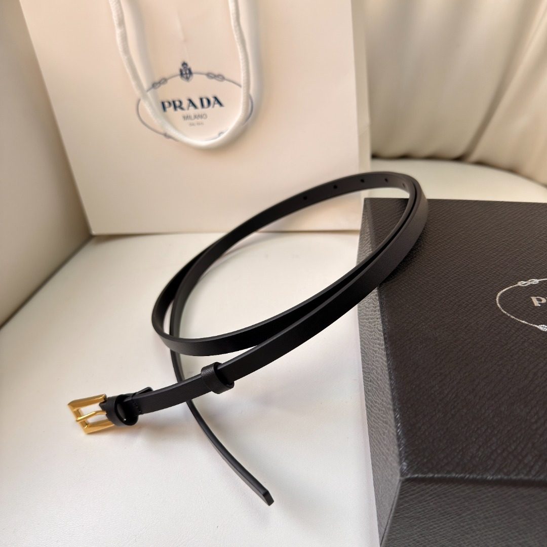 Prada Black Leather Belt with Gold Buckle