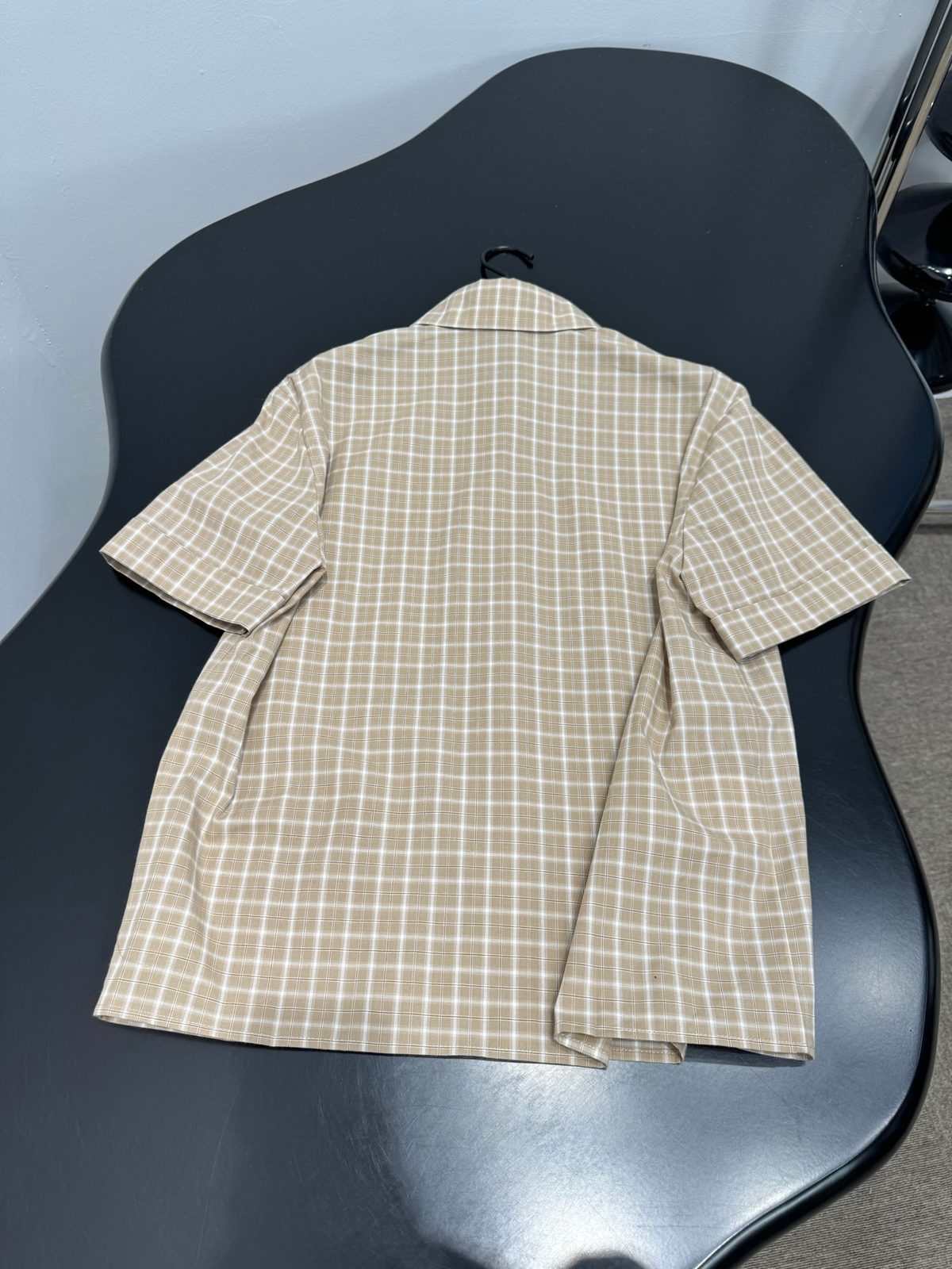 Beige Checkered Short Sleeve Button-Up Shirt