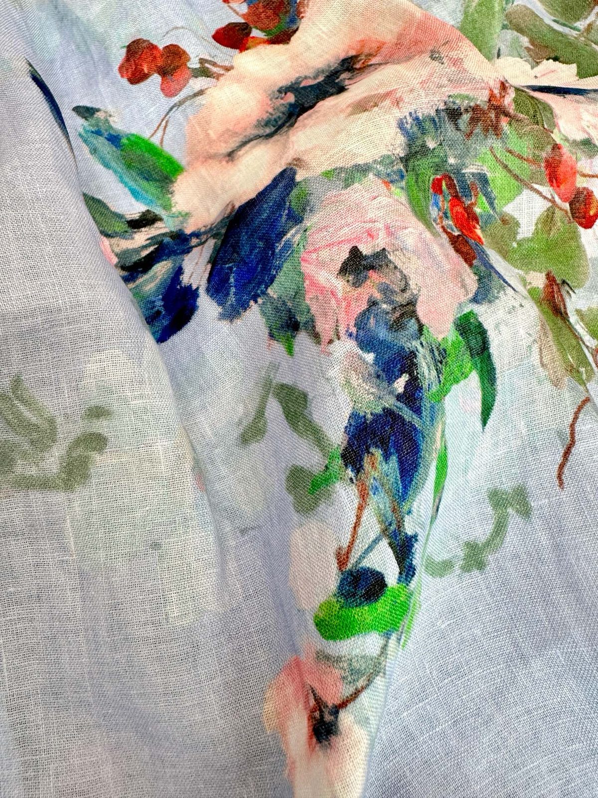 Light Blue Watercolor Floral Linen Midi Dress