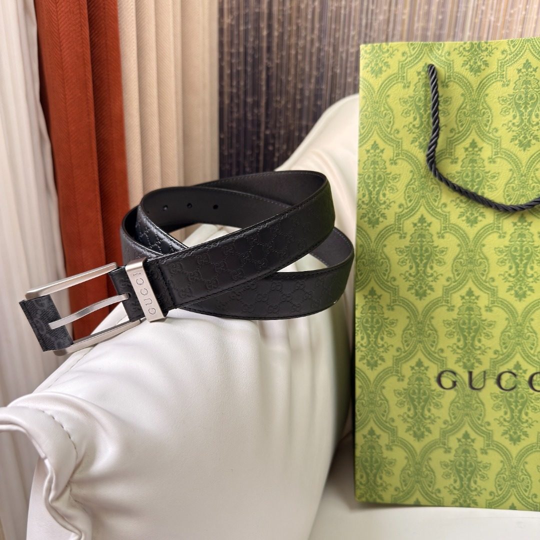 Gucci GG Monogram Black Leather Belt