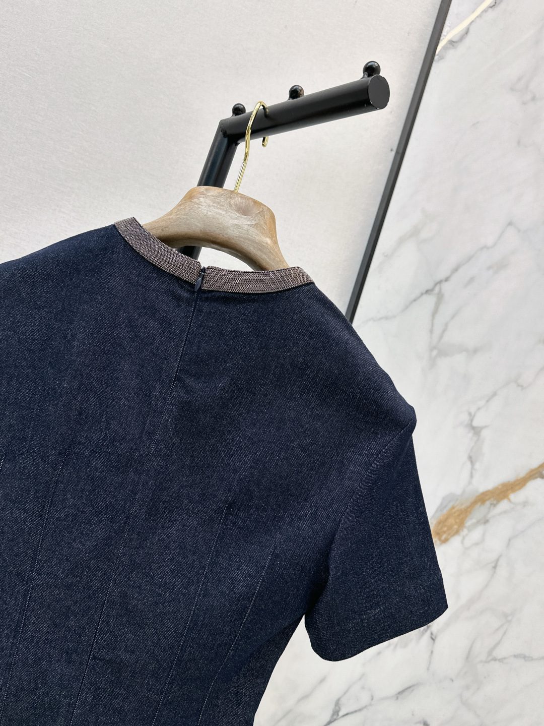 Navy Denim Short Sleeve A-Line Dress