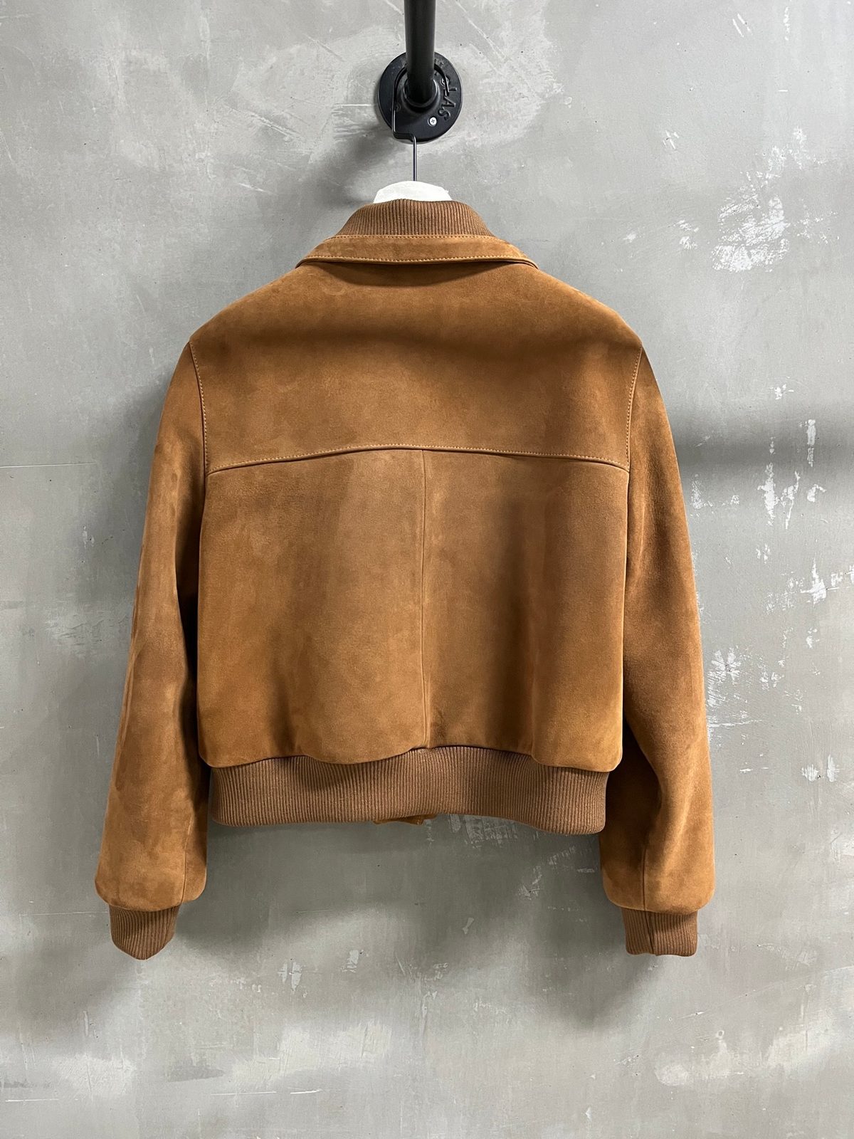 Camel Suede Bomber Jacket with Ribbed Trim